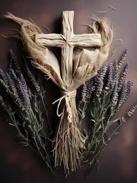 Rustikales heiliges Kreuz aus Holz und mit getrocknetem Lavendel geschmückte Palme L-Kreuz Palmsonntag Foto christliche Kunst