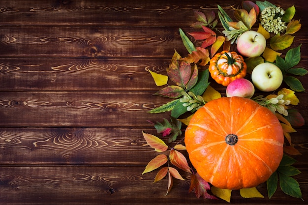 Rustikales Herbstdekor mit Kürbis, Äpfeln, Kopierraum