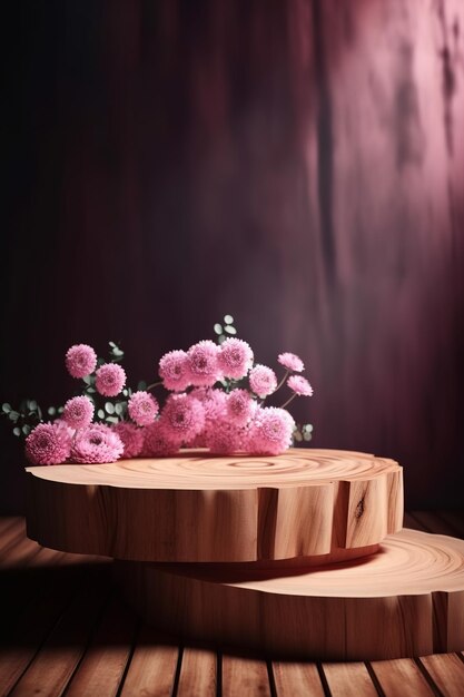 Rustikales Holzpodest mit zarten rosa Blumen. Studio-Set-Produkte präsentieren Muttertags-Valentinsgrüße