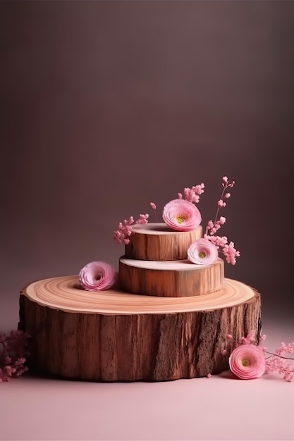 Rustikales Holzpodest mit zarten rosa Blumen. Studio-Set-Produkte präsentieren Muttertags-Valentinsgrüße