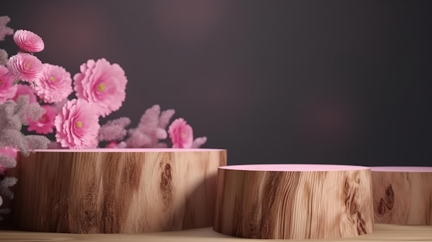 Rustikales Holzpodest mit zarten rosa Blumen. Studio-Set-Produkte präsentieren Muttertags-Valentinsgrüße