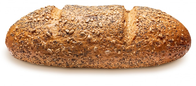 Rustikales Mehrkornbrot (Weizen, Roggen, Sonnenblumenkerne, Leinsamen, Mohn, Sesam und Gerste). Weltmeister. Isoliert auf weißem Hintergrund Seitenansicht.