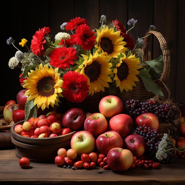 Rustikales Mittagessen mit Sonnenblumen, Äpfeln und Gemüse auf einem alten Tisch