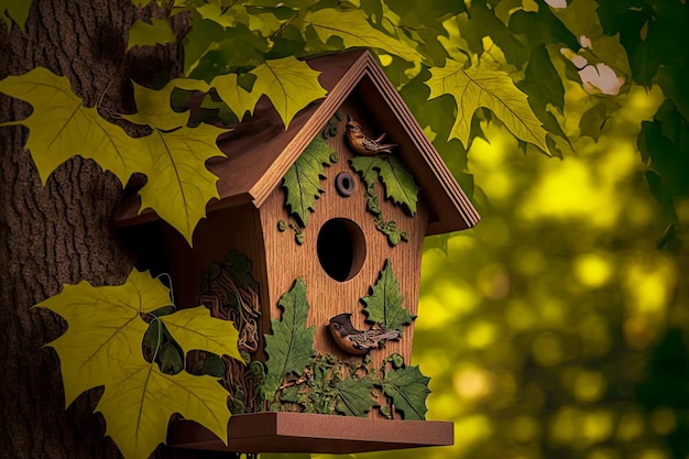 Rustikales natürliches Vogelhaus in Form von Eiche mit grünen Blättern im Wald