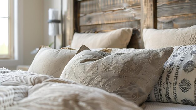 Rustikales Schlafzimmer-Interieur-Design mit Kissen auf dem Bett und dekorativem Holzbett-Close-up Generative KI