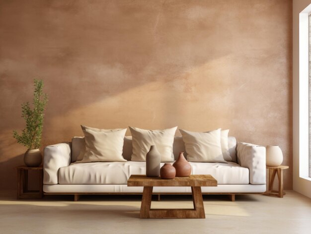 Rustikales Sofa und Seitentisch in der Nähe einer beige Stuckwand mit abstraktem Lehm- oder Steinwanddekor