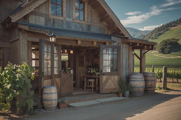Rustikales Weingut mit Blick auf den Weinberg, Holzfässer und Vintage-Eleganz