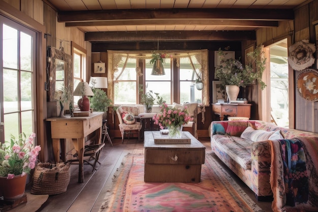 Rustikales Zimmer im Landhausstil mit Holzmöbeln und floralen Akzenten