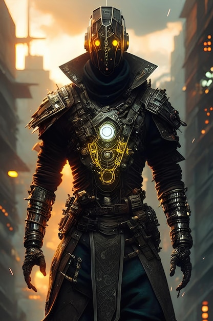Rusty metalic hunter armadura cyberpunk hombre IA generativa