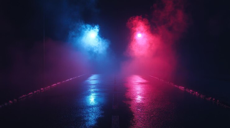 Ruta de asfalto húmedo por la noche iluminada por luces de calle azules y rosas en la niebla