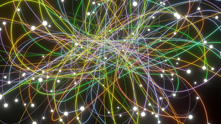 Foto ruta de electrones aleatorios coloridos alrededor del núcleo de un átomo representación 3d