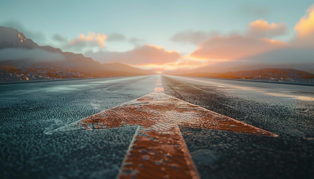 Una ruta recta decorada con una flecha que se extiende hasta el horizonte