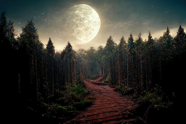 Ruta de senderismo en el bosque por la noche con luna llena AI generativa Pintura al óleo