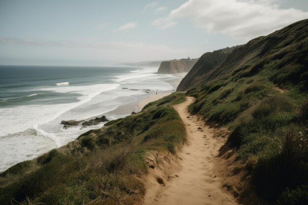 Ruta de senderismo a lo largo de la playa con olas rodando creadas con ai generativo