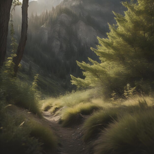 Foto ruta de senderismo en las montañas en los rayos del sol poniente generativo ai