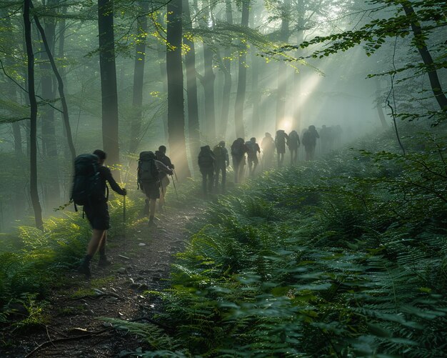 Ruta de senderismo en la naturaleza con familias disfrutando de una caminata de fin de semana