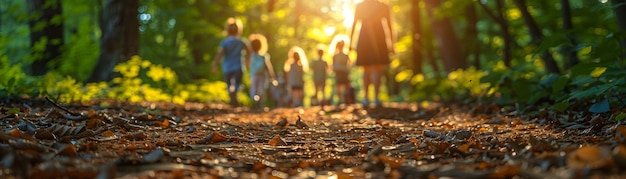 Ruta de senderismo en la naturaleza con familias disfrutando de una caminata de fin de semana