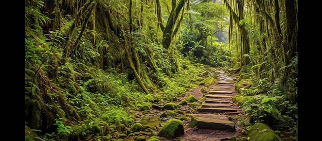 Ruta de senderismo que serpentea a través de una exuberante selva tropical IA generativa