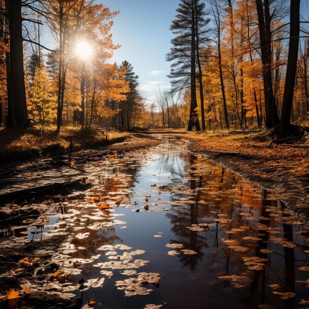 Rutas doradas y prados de arce Paisaje de otoño Foto