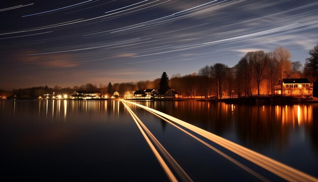 Rutas de estrellas sobre pacíficos lagos árboles iluminados por luces cálidas escena nocturna serena toma de exposición larga agua tranquila que refleja rutas de estrellas y luces luz ambiental que ilumina nubes y atmósfera