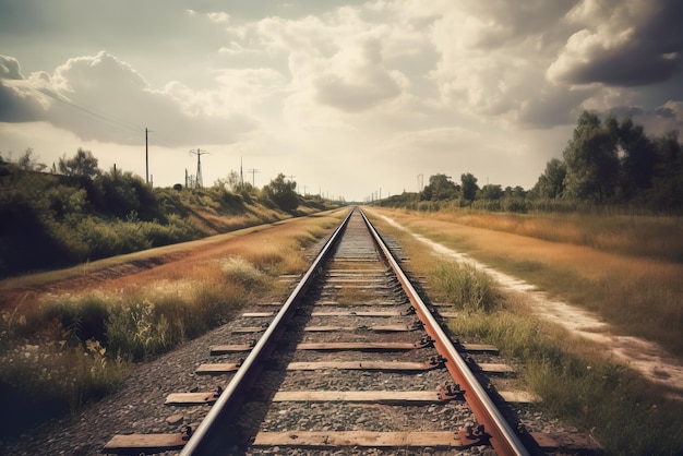 Rutas de ferrocarril en el campo con fondo de cielo nublado en tonos retro AI generativa