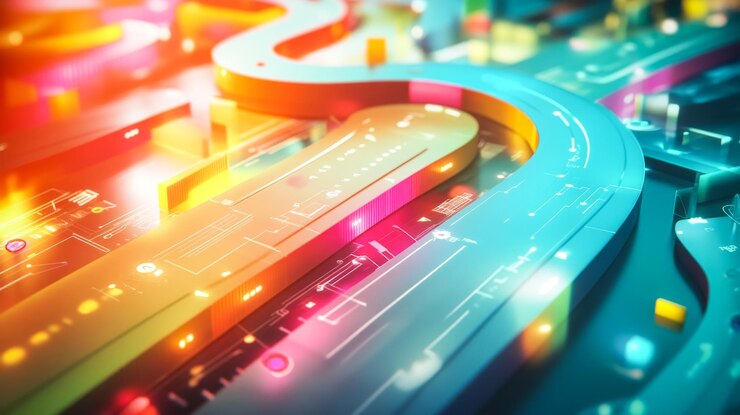 Rutas de luces de neón en una autopista concurrida por la noche