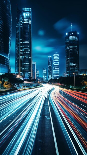 Rutas de luz en el fondo del edificio moderno en Yakarta, Indonesia