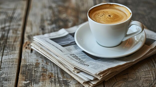 Foto una rutina matutina de los amantes del café con una taza de espresso recién preparada servida junto a una pila de periódicos listos para comenzar el día