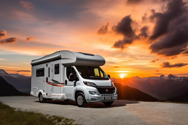 Rv estacionado na estrada ao pôr do sol