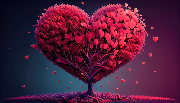 Árvore abstrata em forma de coração a partir de pequenos corações vermelhos IA generativa