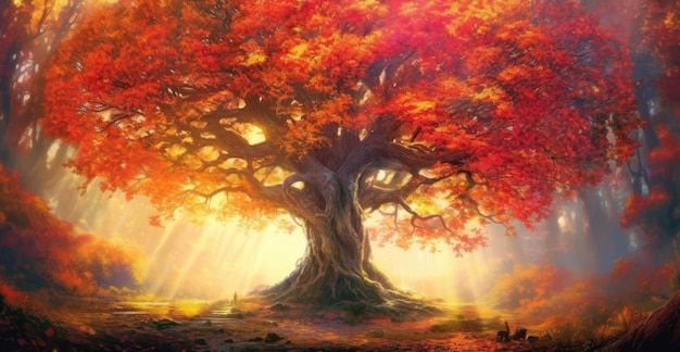Árvore antiga majestosa com folhagem vermelha na floresta de outono ilustração generativa de IA
