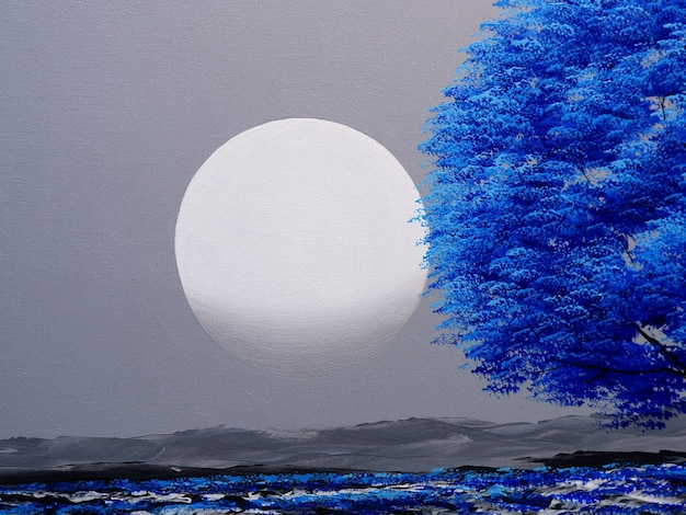 Árvore azul com lua no céu, pintura em tela