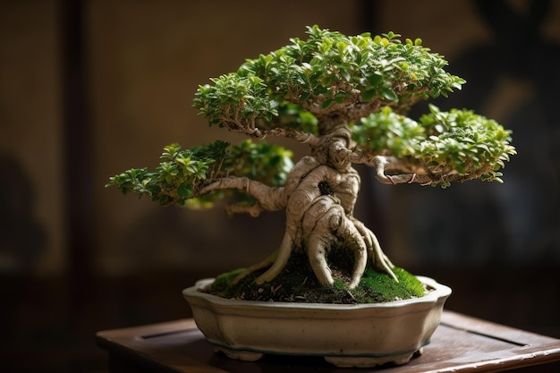 Árvore bonsai com sua forma delicada e folhagem exibida em vaso decorativo de cerâmica