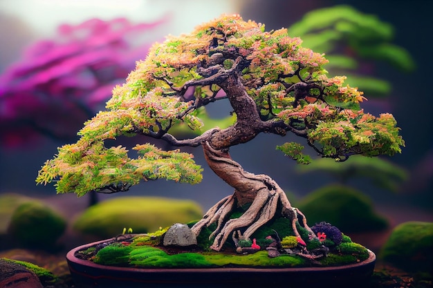 Árvore bonsai com um grande galho e folhas