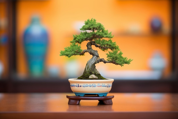 Árvore bonsai dentro de um pote redondo de cerâmica verde