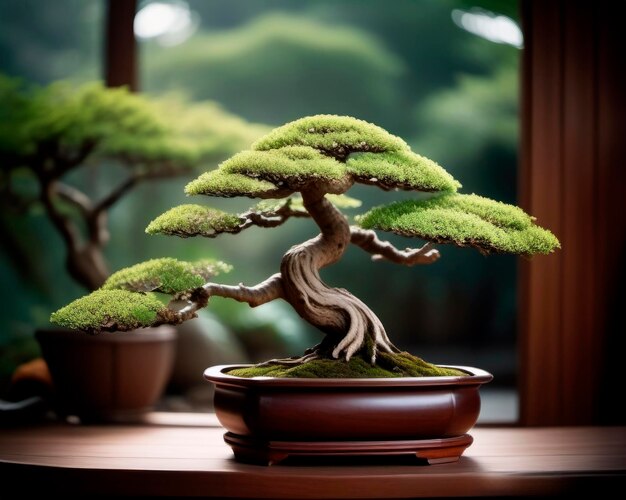 Árvore bonsai elegante em uma mesa de madeira símbolo de paz