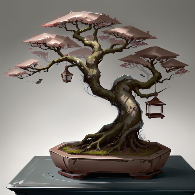 Árvore bonsai em fundo cinzento