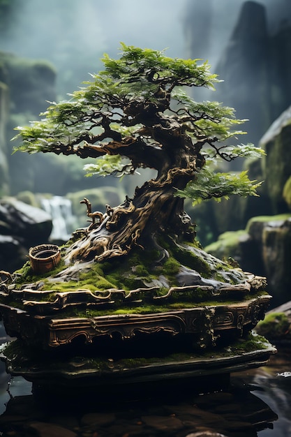 Árvore bonsai em um tronco desgastado Tons silenciados Efeito olho de peixe Ilustração hiper-realista Arte fotográfica