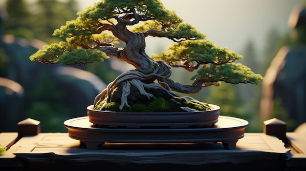 Árvore bonsai em uma panela com sol brilhando atrás dela