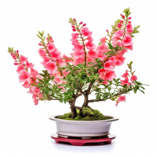 Árvore Bonsai Snapdragon com flores cor-de-rosa em fundo branco