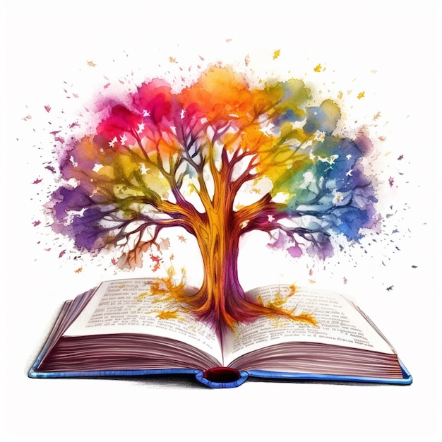 Árvore brilhantemente colorida em livro aberto com salpicos de aquarela generative ai