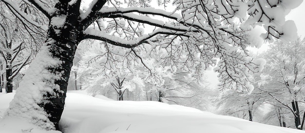 Árvore coberta de neve em preto e branco