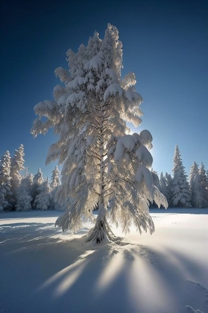 Árvore coberta de neve no meio de um campo nevado generativo ai