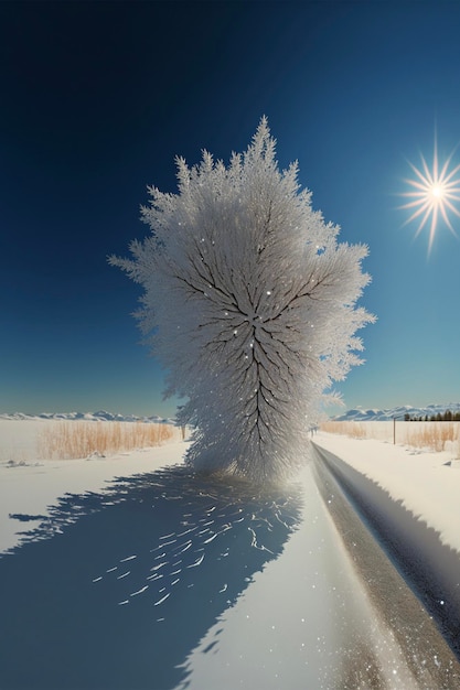 Árvore coberta de neve sentada ao lado de uma estrada generativa ai