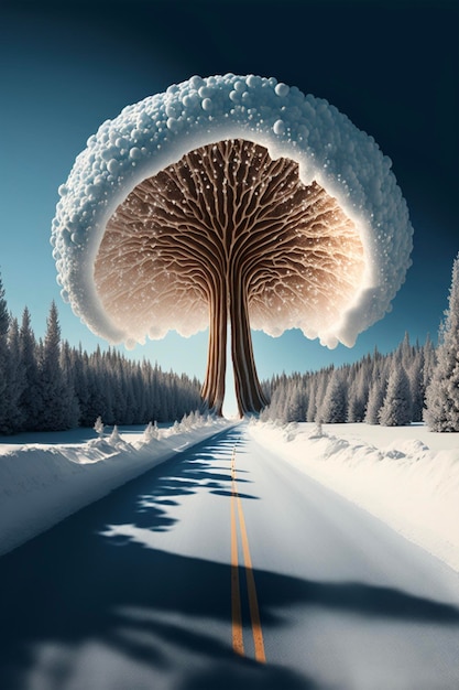 Árvore coberta de neve sentada ao lado de uma estrada generativa ai