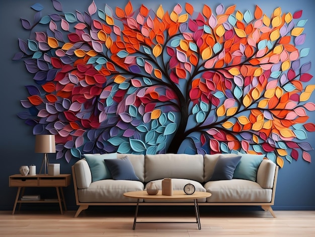 Árvore colorida com folhas em galhos pendurados 3d decoração de arte de parede mural interior