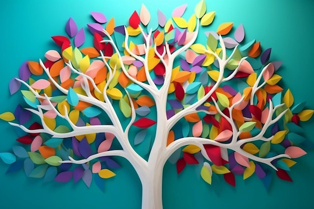 Árvore colorida com folhas em galhos pendurados ilustração fundo 3d papel de parede de abstração para