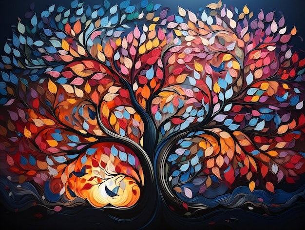 Árvore colorida com folhas multicoloridas ilustração de fundo decoração artística de parede interior