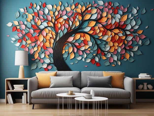 Árvore colorida com folhas multicoloridas ilustração de fundo decoração artística de parede interior