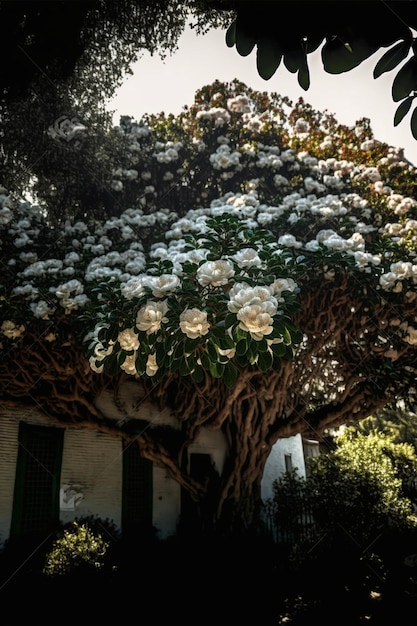 Árvore com flores brancas na frente de uma casa generativa ai